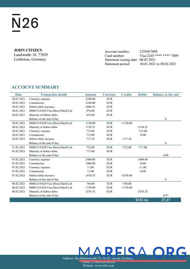 Blank Germany N26 bank Excel real example